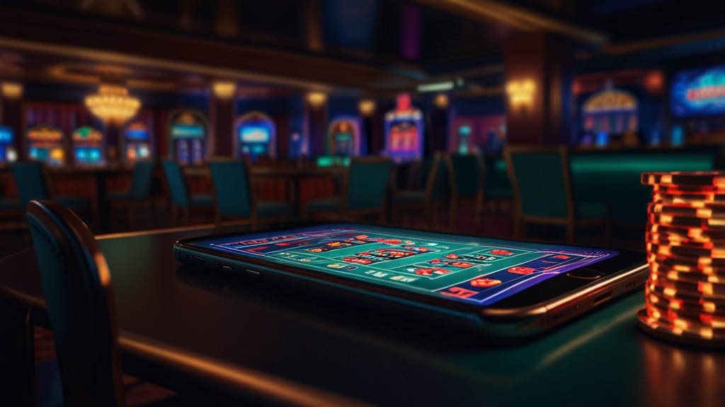 Smartphone mit Download-Hinweisen für eine Casino-App auf dunklem Hintergrund