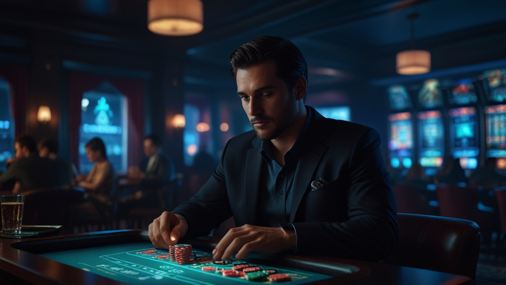 Spieler prüft Auszahlungsstatus im dunklen Casino mit Statusanzeige
